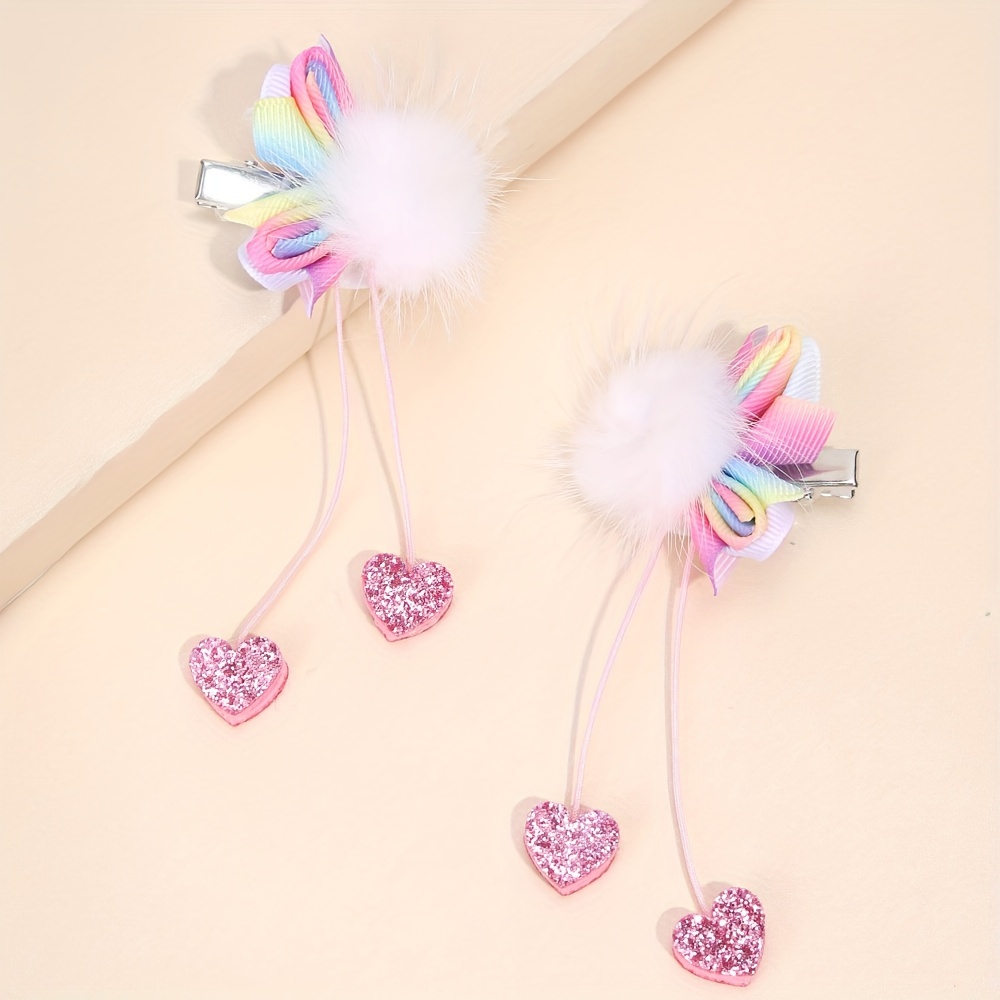 

2pcs Gradient Rainbow Hair Clips For Baby Girls, Pompom Wings Alligator Clips With Tassel Barrettes, Cute Hair Accessories For Kids, Ideal Choice For Gifts