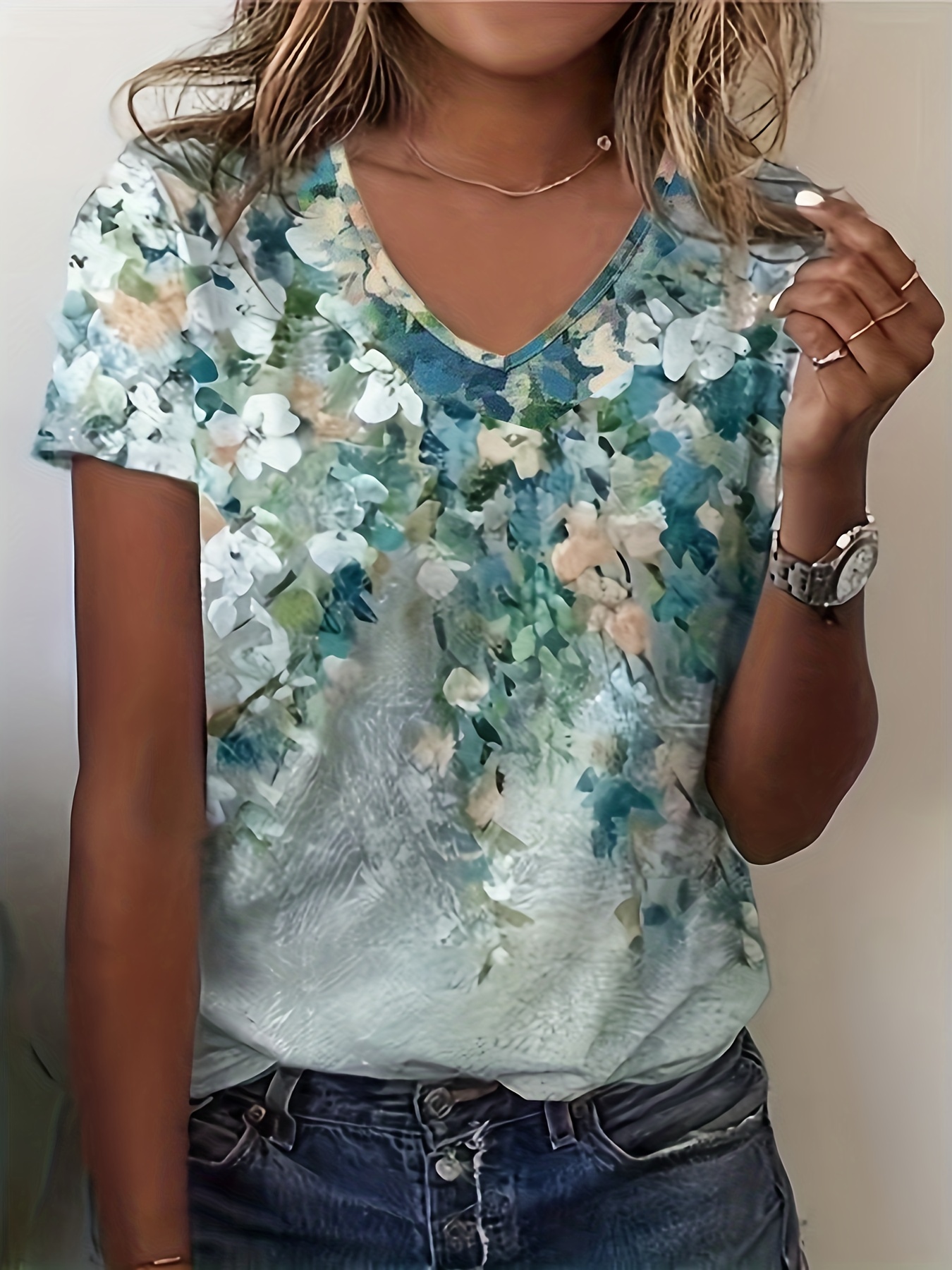 Floral Print V Neck T-shirt, Casual Short Sleeve Top For Summer ...