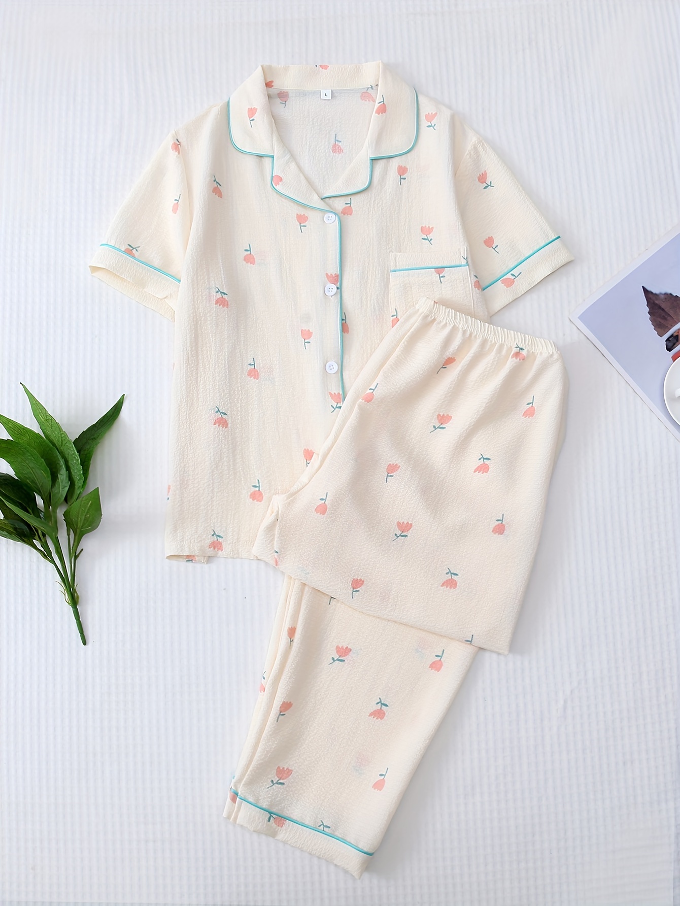 Cute Floral Print Pajama Set, Button Up Contrast Binding Short Sleeve Shirt  & Pants, Women's Sleepwear & Loungewear