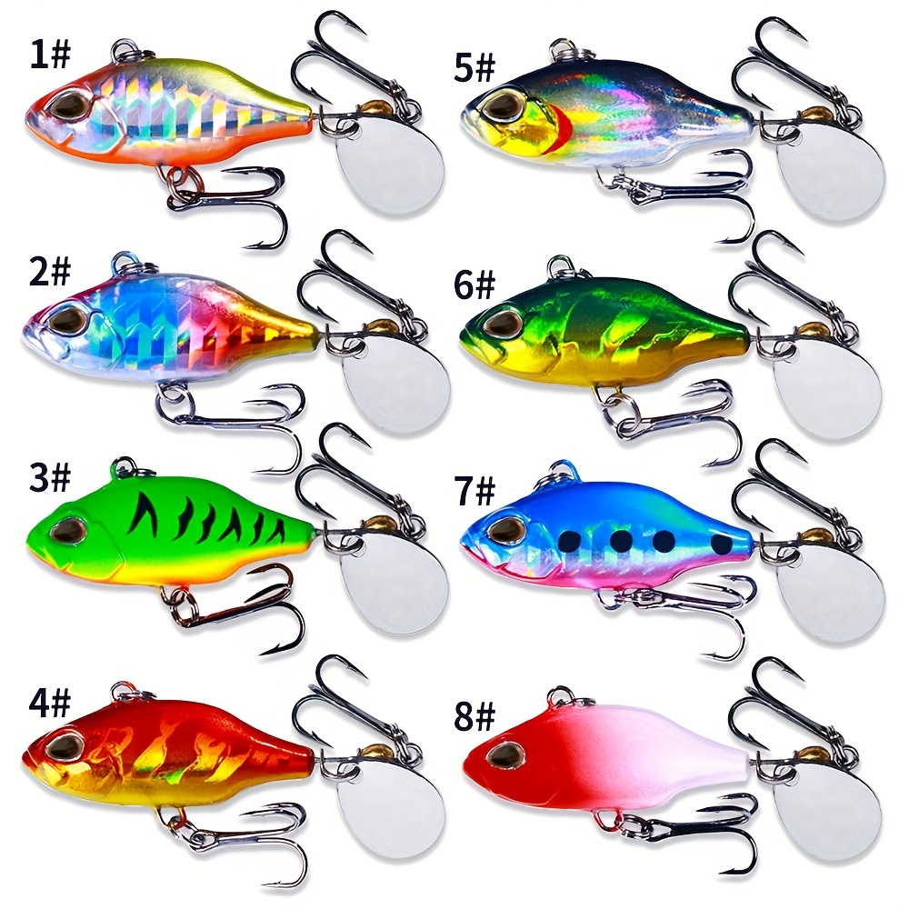 5pcs Solid/colorful Box Set Spinner Vib Fishing Lures, 4.1cm/7.9g,  5.1cm/11.2g, 5.6cm/14.1g, 5.9cm/17.3g, Equipped With Triple Hooks, Suitable  For Both Casting And Sinking, Fishing Gear