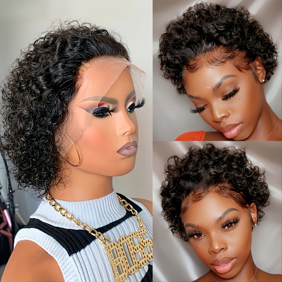 13 1 Short Bob Water Curly Bouncy Curly Wig Pixie Cut Human Hair Lace Front  Wig Deep Wave Lace Frontal Human Hair Bob Wigs For Women | High-quality &  Affordable | Temu