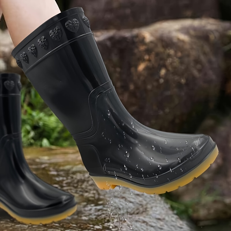 Women's Waterproof Rain Boots, Mid Calf Rubber Work Boots, Solid Color Wide  Calf Water Shoes