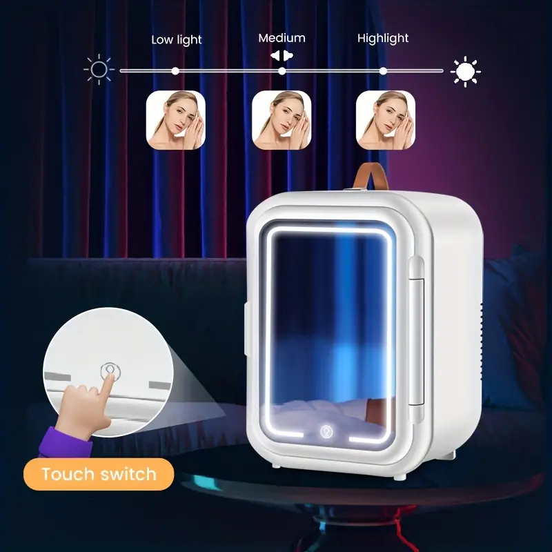 9l mini mirror refrigerator with dimmable led mirror design mini beauty mirror skin care products cooler car home dual use portable small refrigerator hot and cold use silent low power smart touch screen mini fridge for bedroom office and car white details 3