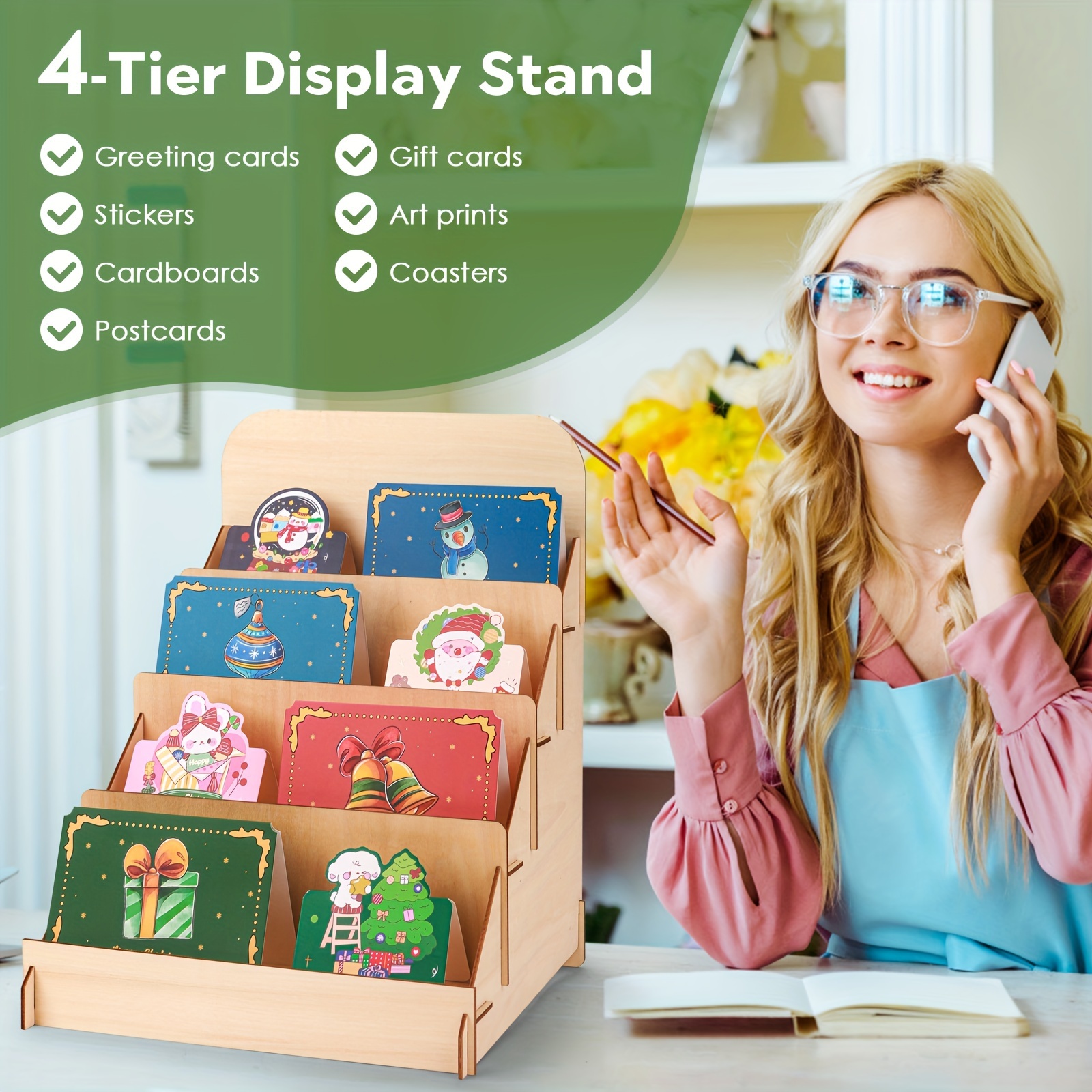 Retyion Greeting Card Display Stand Sticker Display Wooden Display Stand 4 Tier Portable Card Display Rack Retail Display Stand for Greeting Cards
