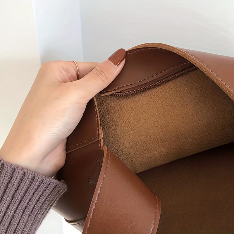 Solid Shoulder Bag 2pcs Bucket Handbag Set PU Leather Crossbody Bag