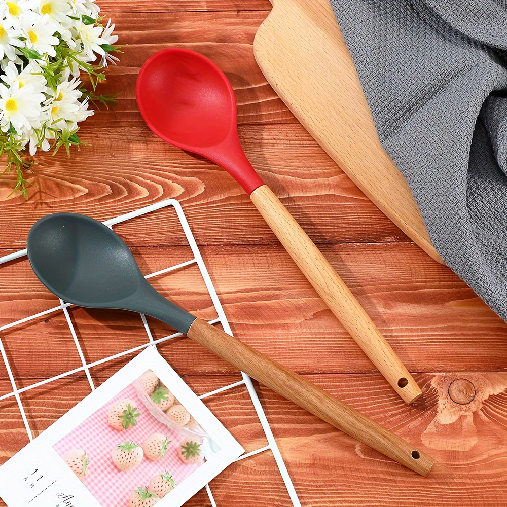 Silicone Spoon With Wooden Handle, Spatula For Nonstick Pan,  Heat-insulation Heat-resistant Spoon For Rice Cooker, For Home Kitchen  School Dormitory, Practical Kitchen Tools - Temu