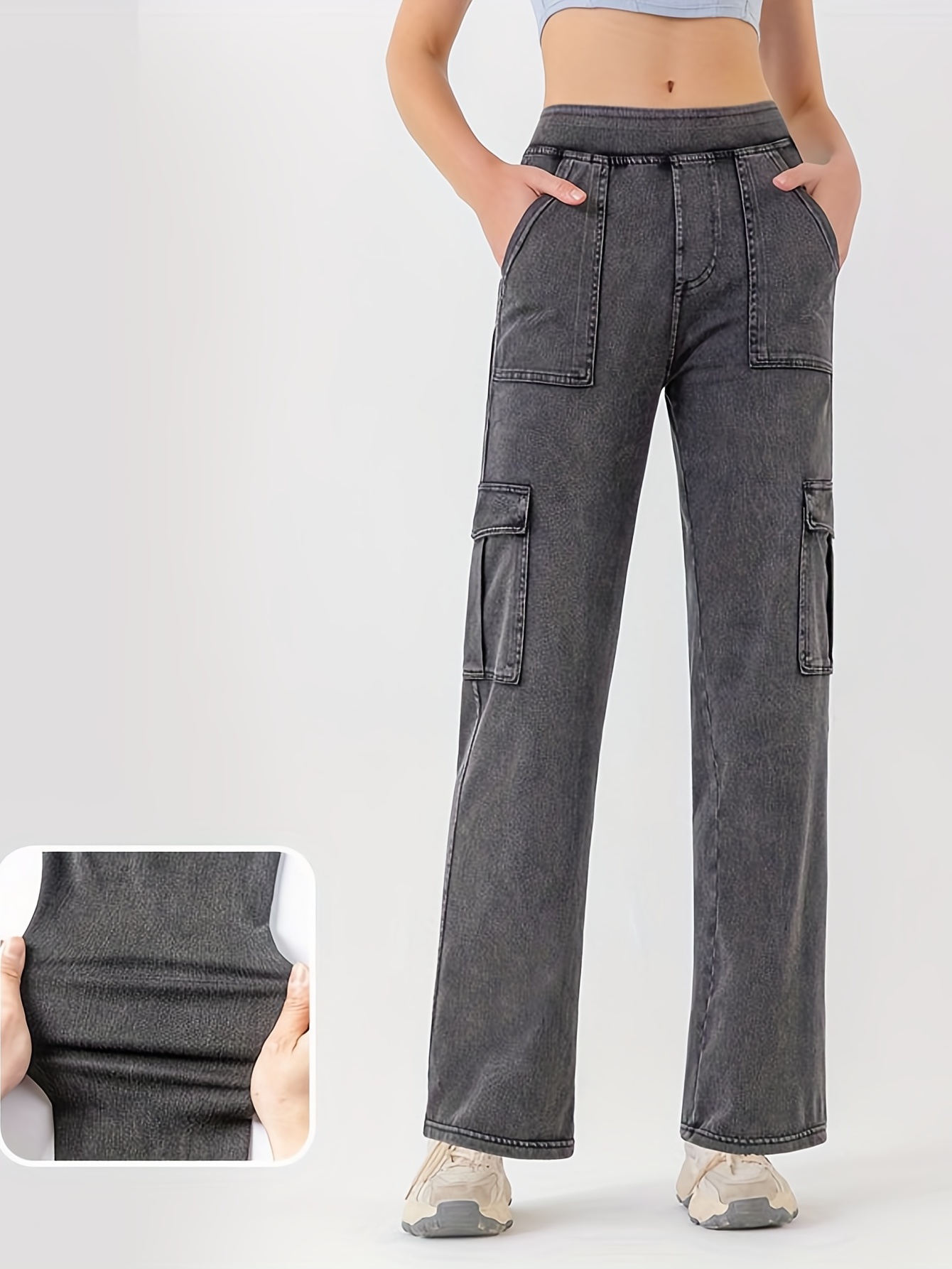 Pantalones De Mezclilla Cargo De Tiro Alto Con Lavado Ligero, Jeans Cargo  Sueltos De Estilo Urbano Con Múltiples Bolsillos, Jeans Y Ropa De Mezclilla