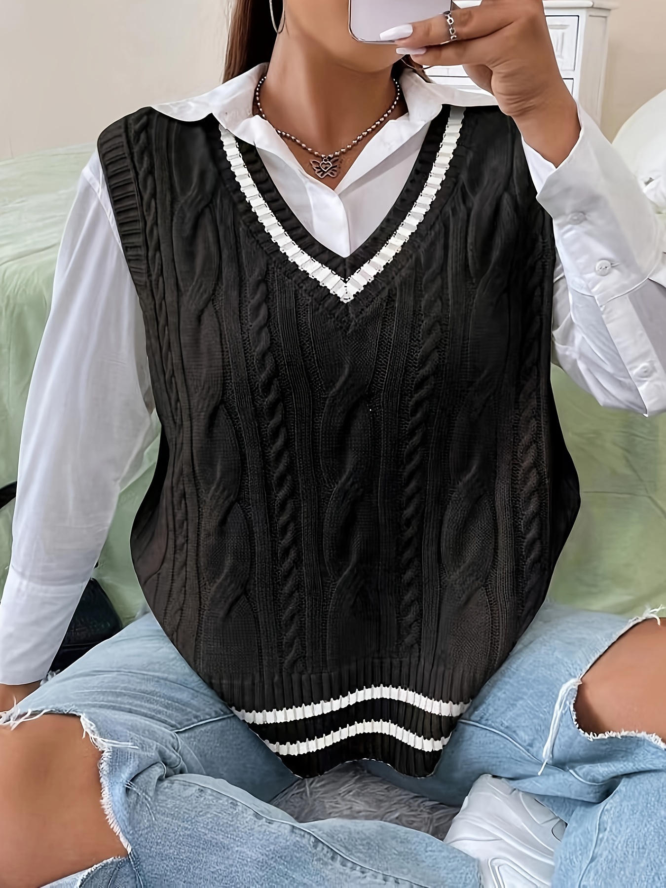 Contrast Trim Cable Knit Vest Preppy Sleeveless V neck - Temu