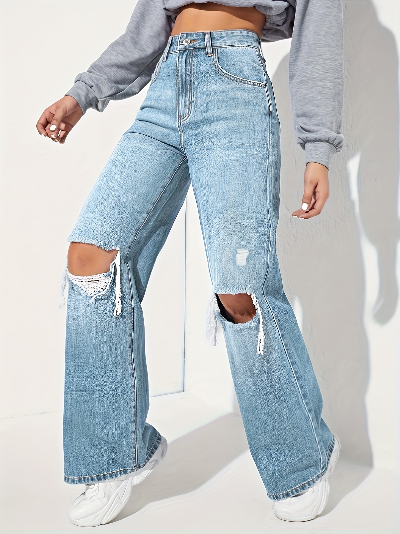 High Straight Legs Loose Baggy Jeans Ripped Knees Cut - Temu Portugal