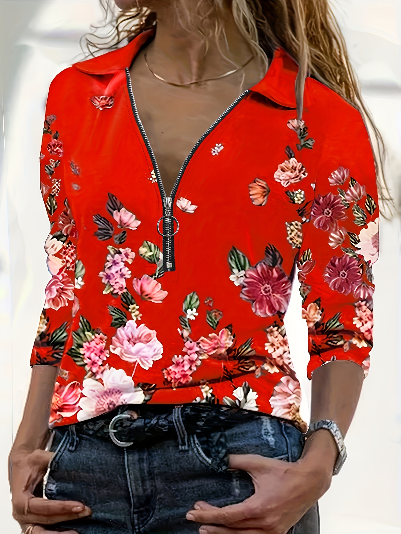 Floral Print Half Zipper Polo Shirt Casual Long Sleeve Shirt - Temu Canada