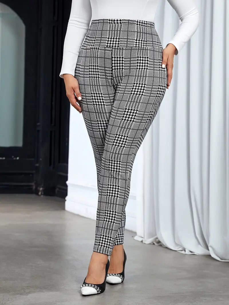 Plus Size Elegant Pants, Women's Plus Plaid Print Elastic High Rise Slight  Stretch Skinny Trousers