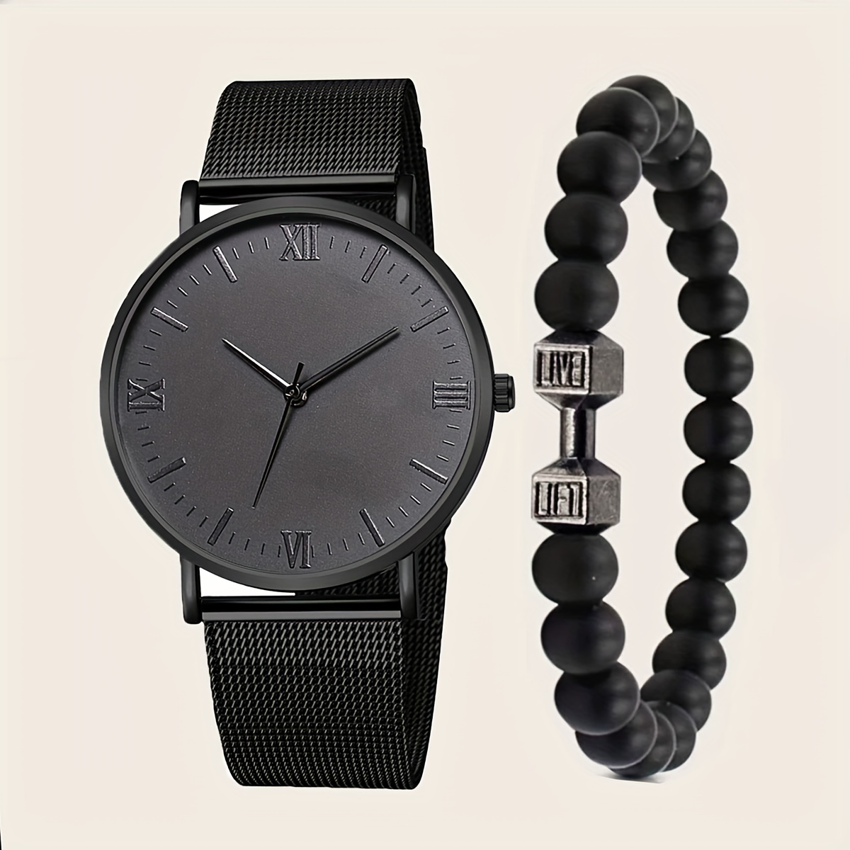 

2pcs/set Men's Business Minimalist Quartz Watch Cool Fashion Mesh Band Wrist Watch & Beaded Bracelet, Gift For Him Boyfriend
