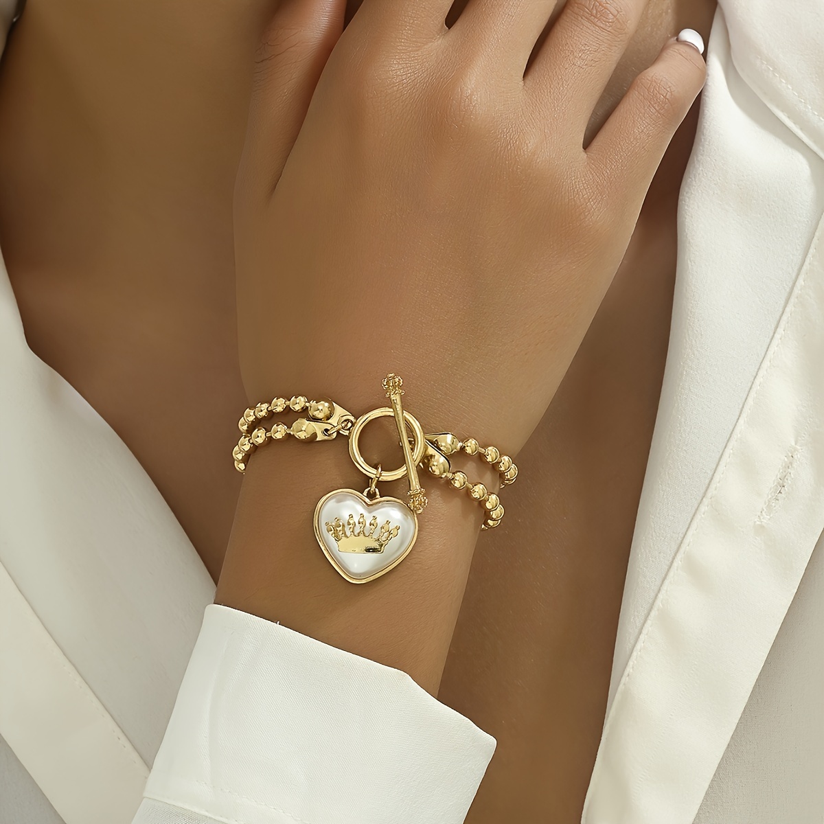 

Elegant Double Layered Bracelet With Plated, Unique Lock Clasp, Heart-shaped Faux Pearl Crown Charm, Fashionable Jewelry