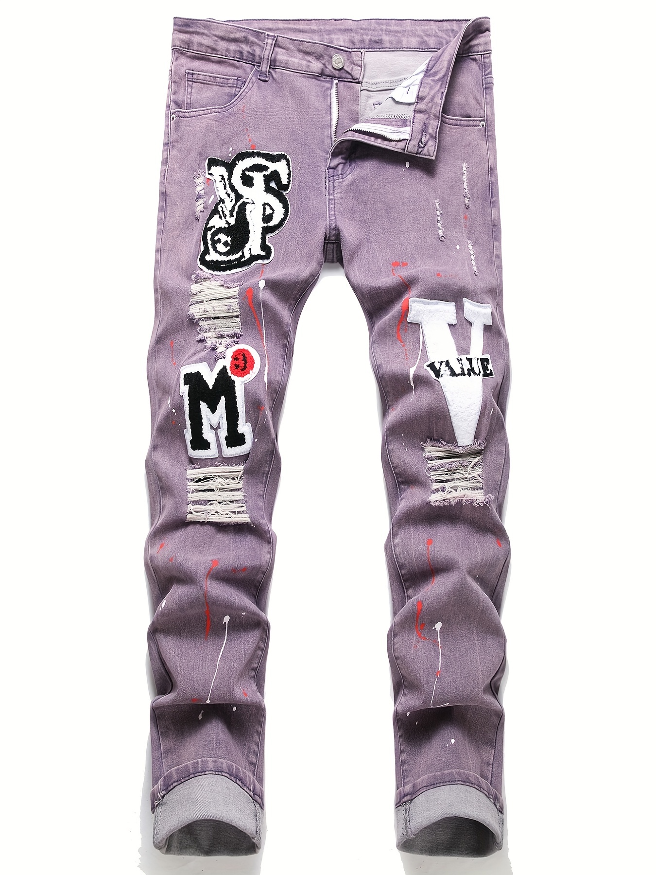 2023 New Style Embroidered Purple Designer Distressed Jeans Men