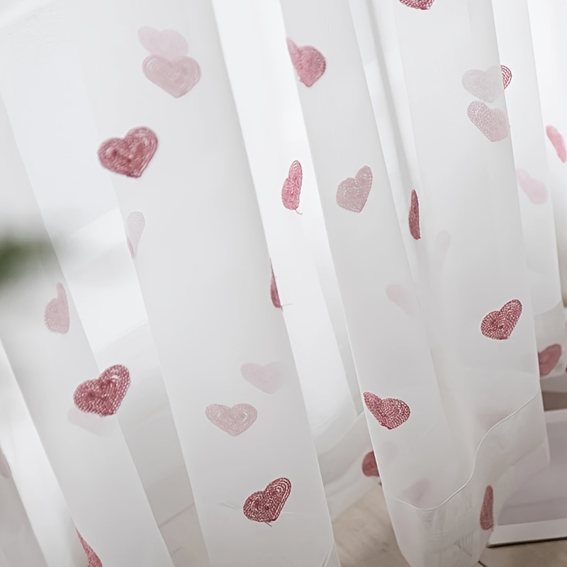 Image of 2pcs, Korean Pink Love Heart Embroidered Sheer Curtains, Lightweight Sheer Fabric, Adorable Transparent , Versatile Top, For Living Room Bedroom Study Room, Valentine's Decoration