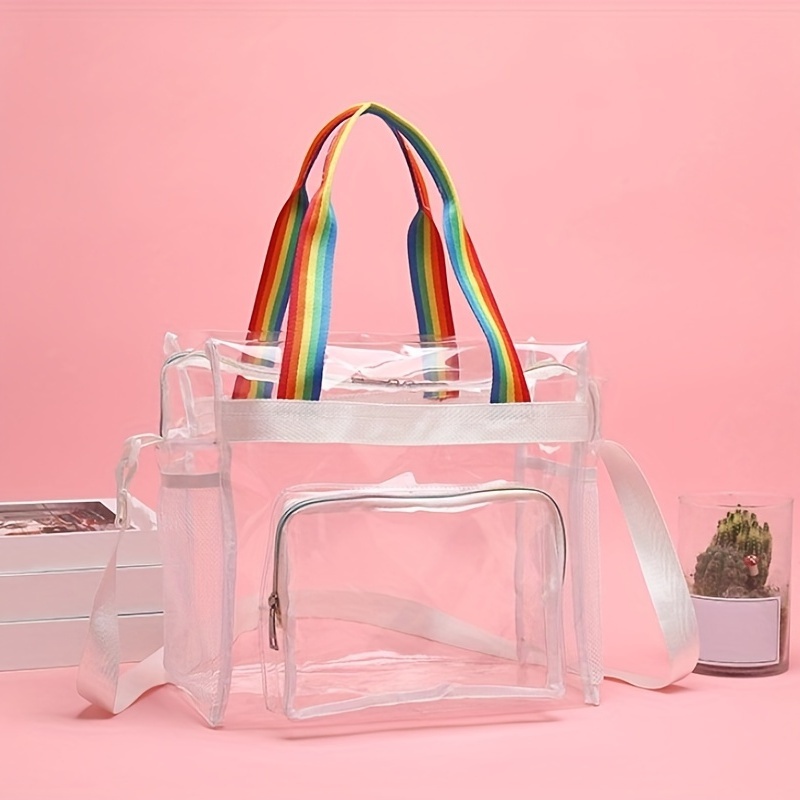 Clear Pvc Tote Bag For Women, Rainbow Strap Shoulder Bag, Waterproof Summer  Beach Bag - Temu