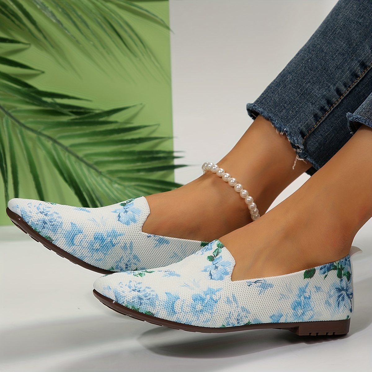 Floral Print Flat Shoes Square Toe Breathable Knit Lightweight Walking Shoes