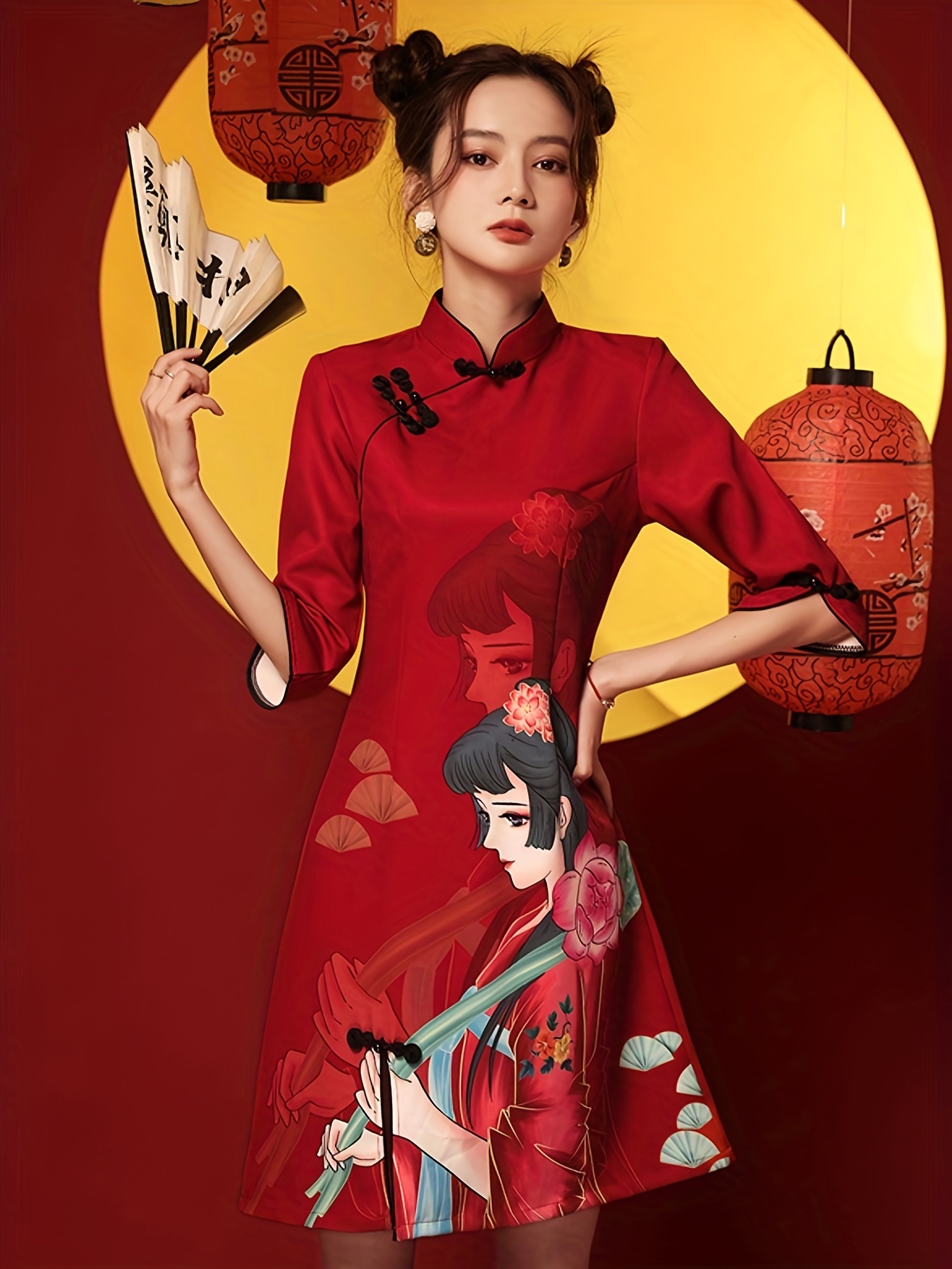 Girl Print Cheongsam Dress Vintage Chinese Style Slim Qipao - Temu Canada
