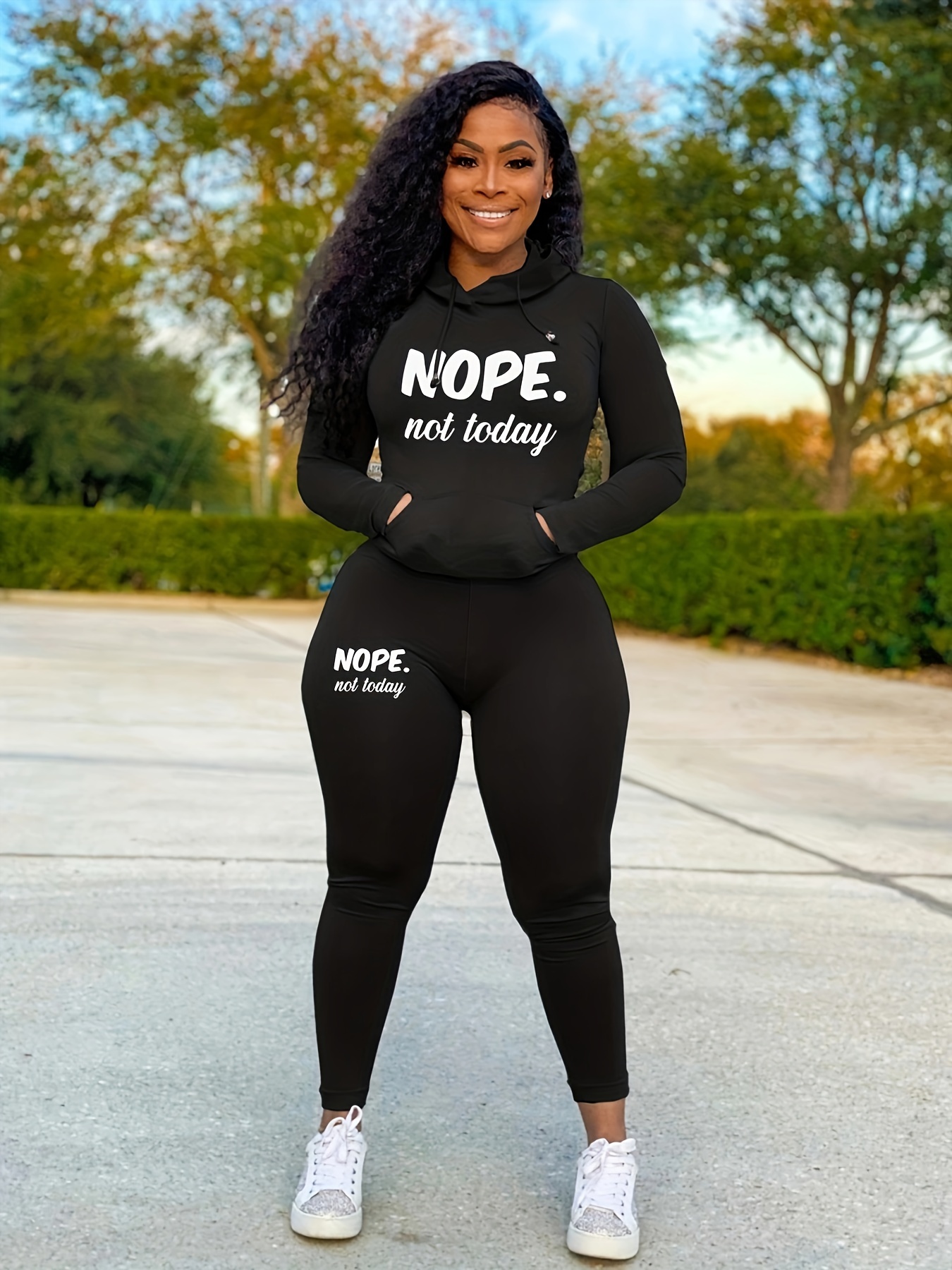 Nope Today Print Two piece Set Long Sleeve Drawstring - Temu