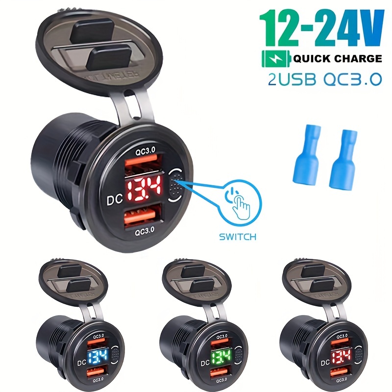 12V USB Outlet, Quick Charge 3.0 USB Car Charger with Contact Switch and  Voltmeter for 12V/24V Motorcycle Car Truck 