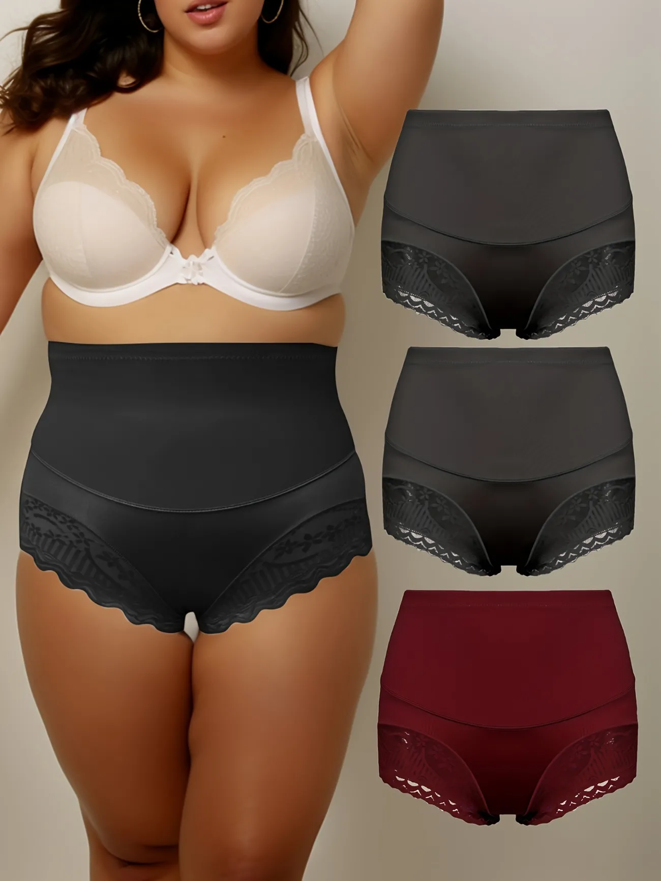 3 Pack Plus Size Elegant Panties Set, Women's Plus Contrast Lace Trim Wide  Waistband Tummy Control Briefs 3pcs Set