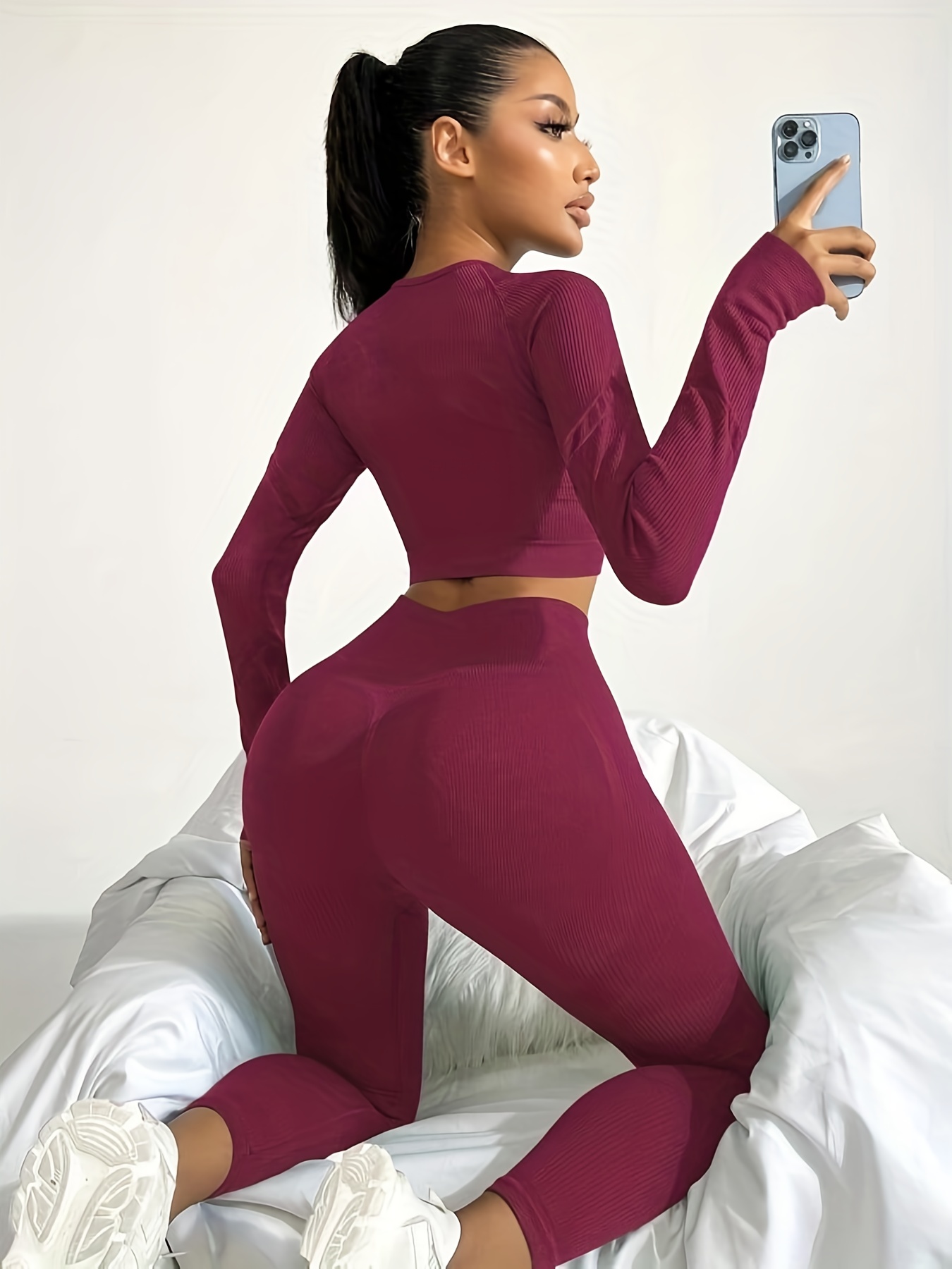 Seamless Ribbed High Waisted Leggings - Red