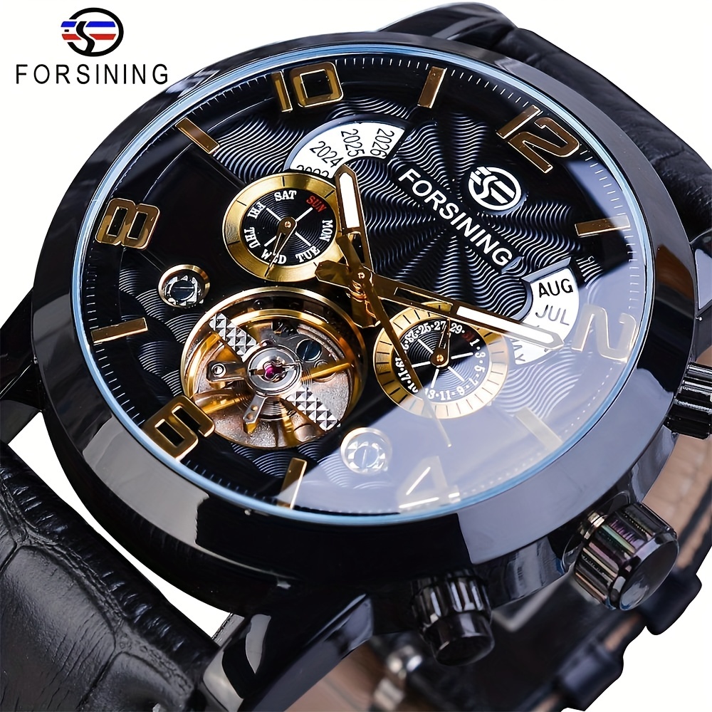 

Forsining Tourbillion Fashion Mens Automatic Mechanical Watch Wave Design Black Golden Clock Multifunction Dial Display Wrist Watches
