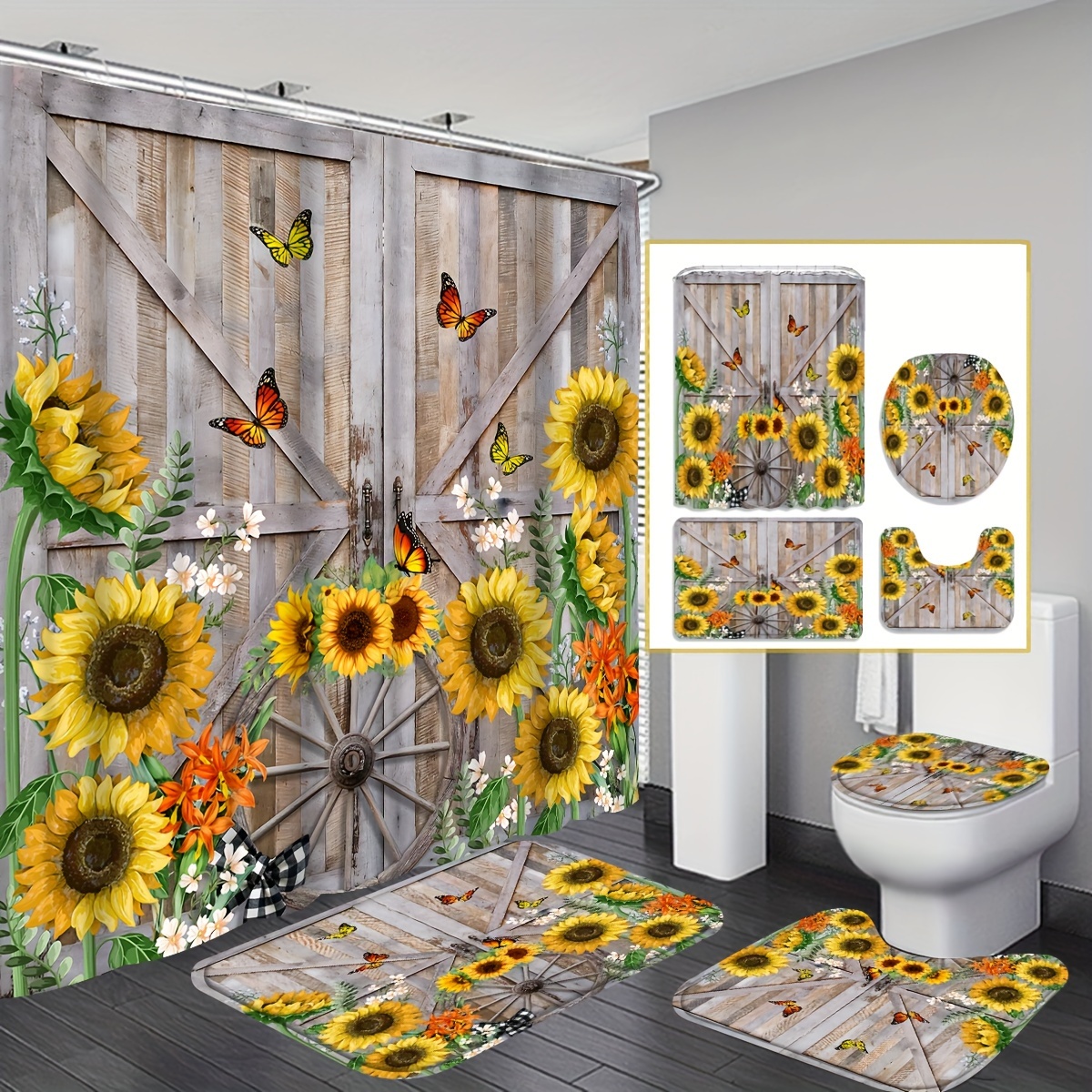 Sunflower Vegetal View Shower Curtain Floral Print Bathroom Decor