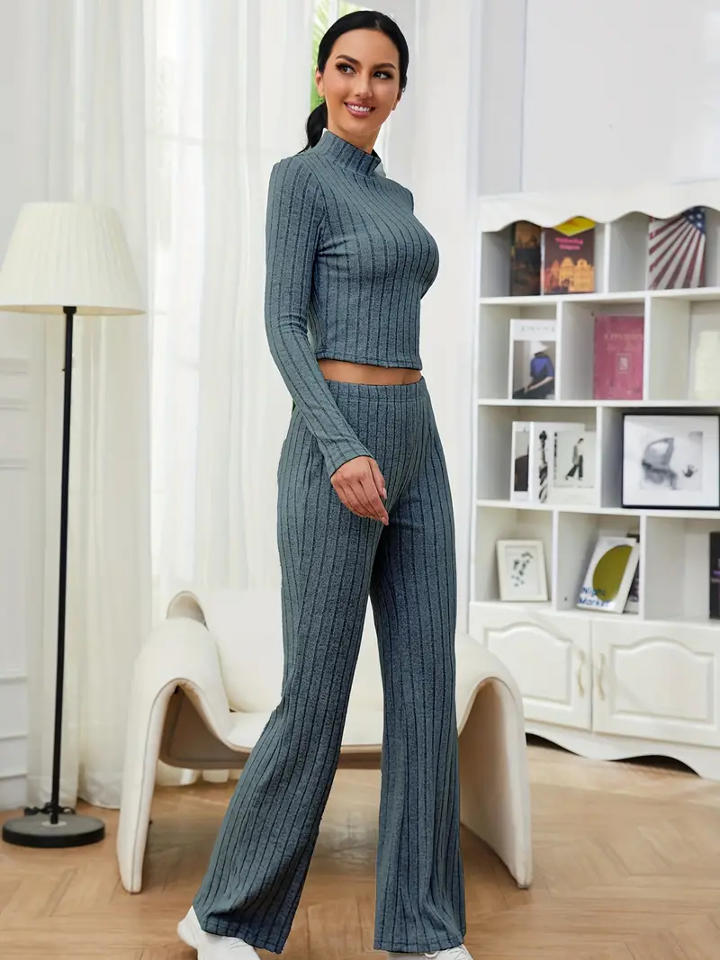 Solid Ribbed Two piece Set Funnel Neck Long Sleeve Tops High