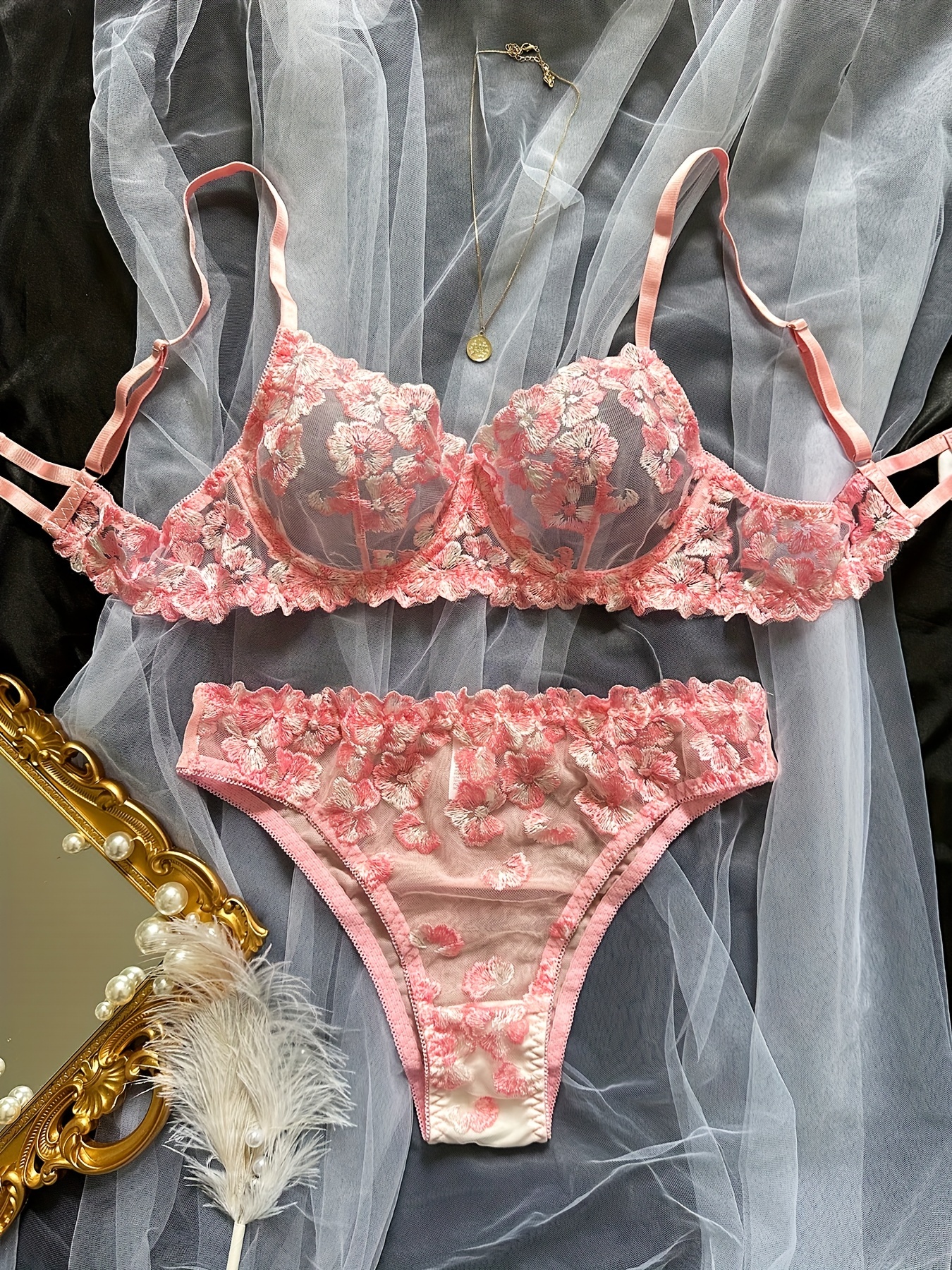 Floral Embroidery Lingerie Set, Mesh Unlined Bra & Panties, Women's *  Lingerie & Underwear