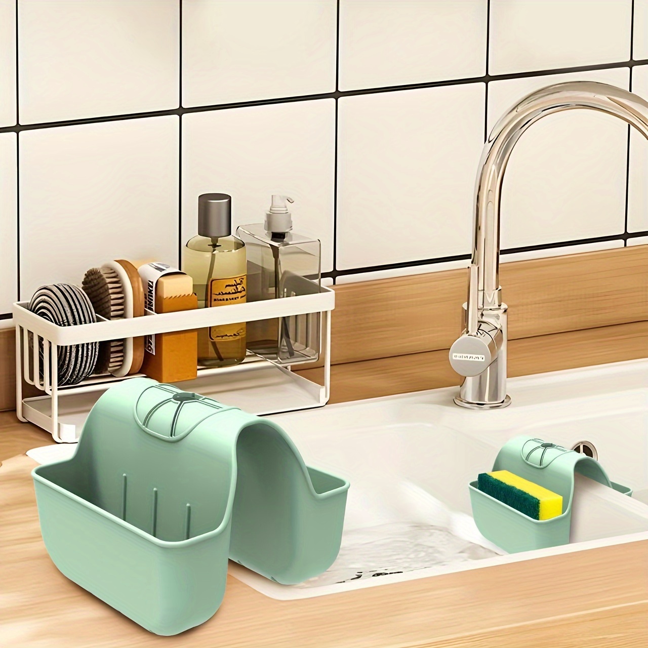 Aouton Sponge Holder for Kitchen Sink, Expandable (16.7-21.3) Sink Caddy  Sink