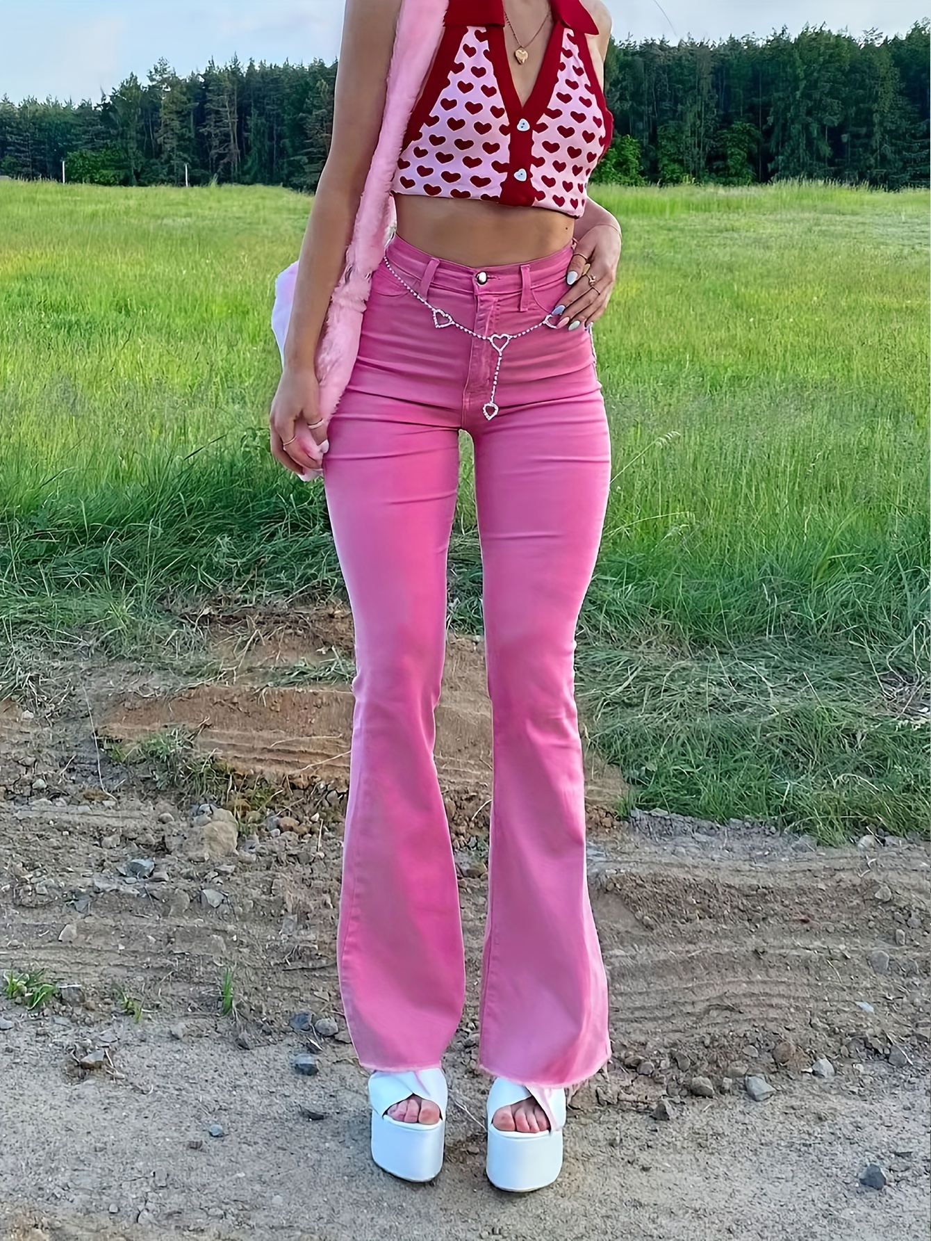 Pantalones de mezclilla acampanados para mujer, jeans rasgados, pantalones  de pierna ancha, pantalones casuales acampanados para mujer (color rosa