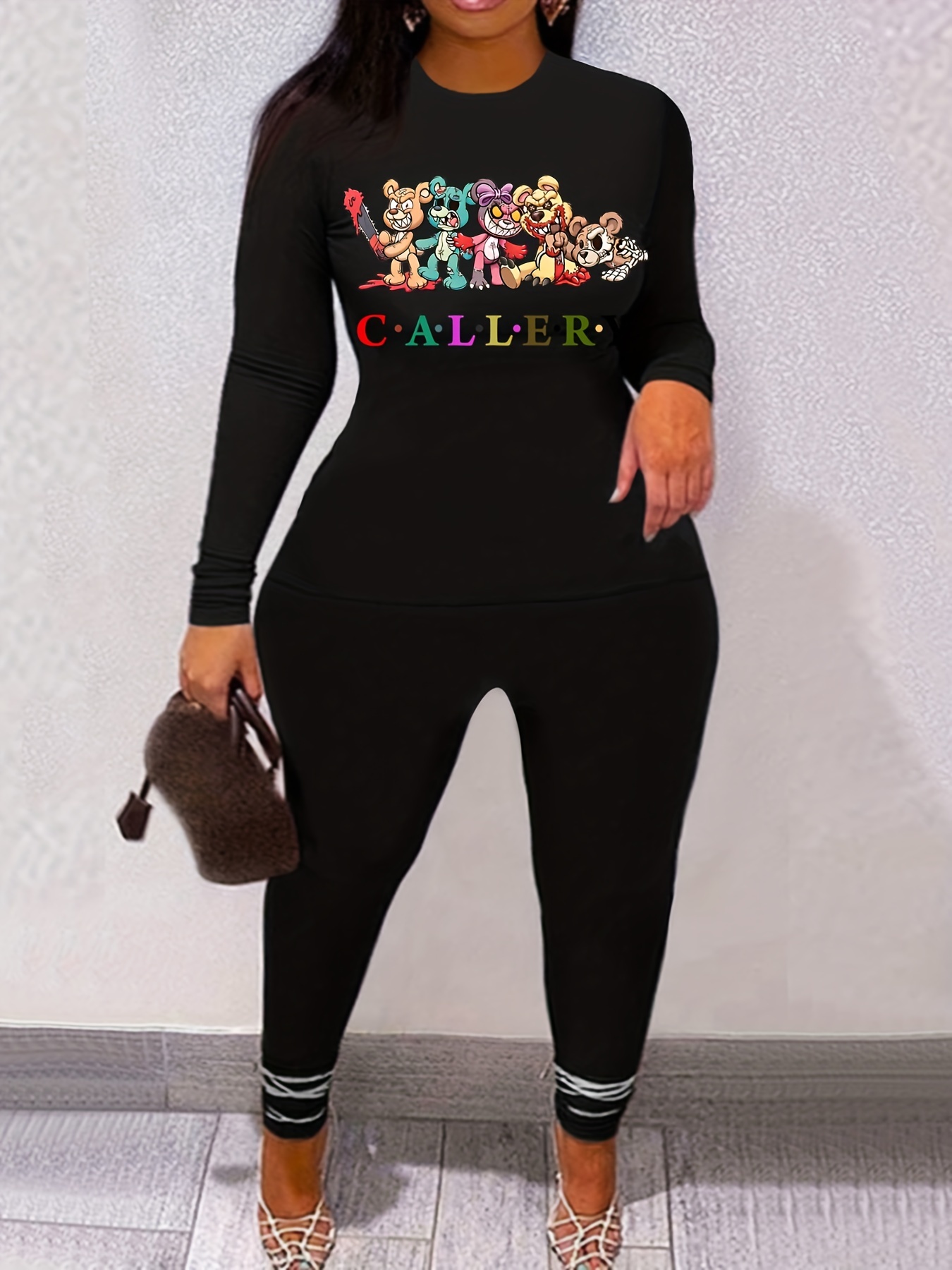 Graphic Print Long Sleeve Tee & Skinny Pants Set