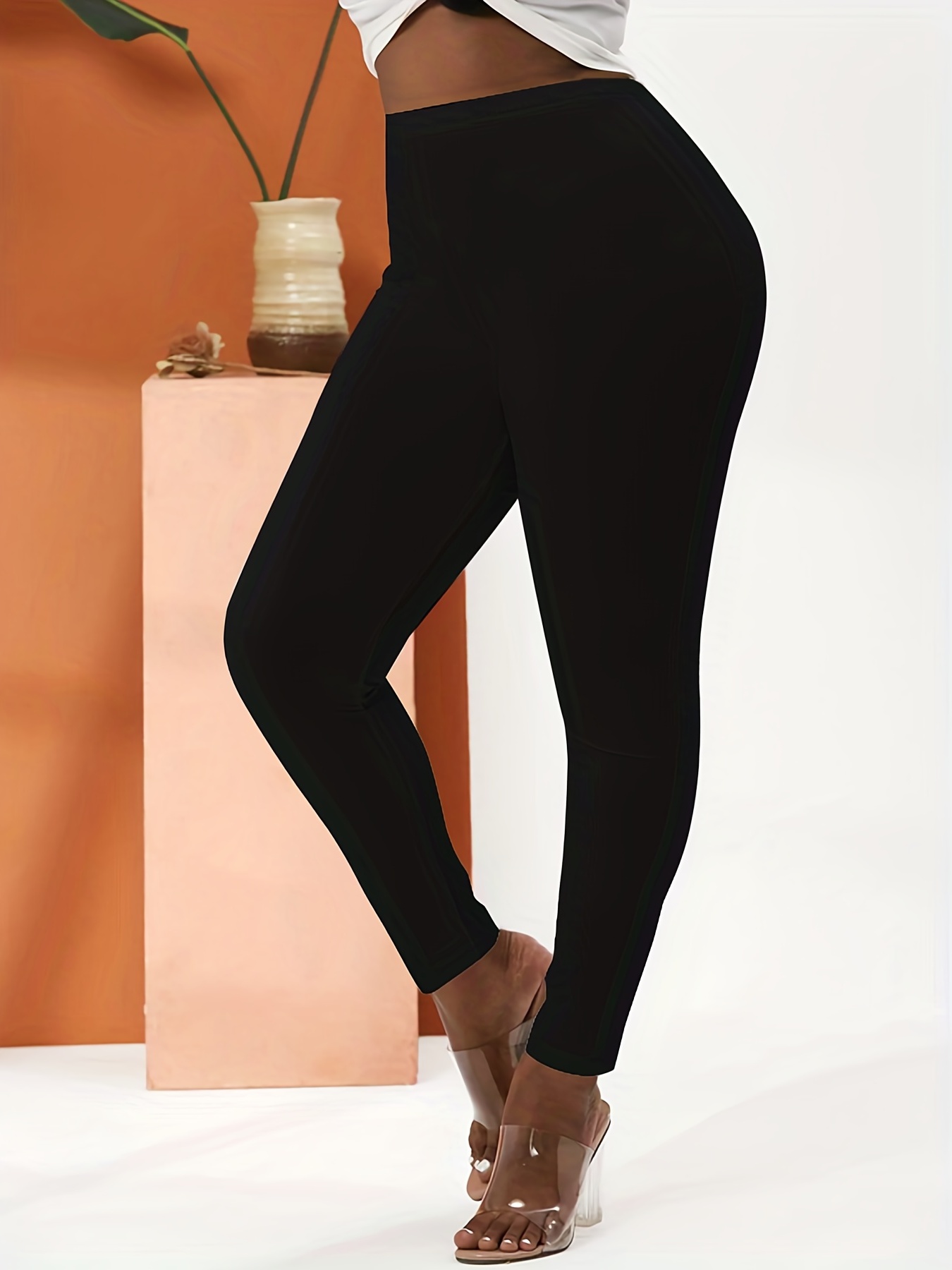 Plus Size Casual Leggings Women's Plus Solid Ribbed Elastic - Temu