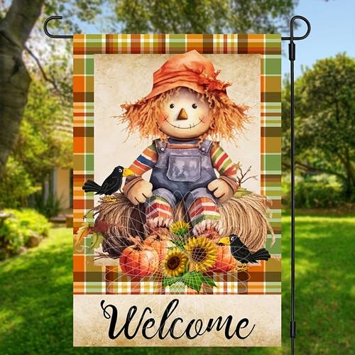 1pc fall house flags double sided autumn flag scarecrow harvest pumpkin yard decorations happy fall welcome garden flags 18x12 inch for garden yard house decor supplies christmas decor supplies