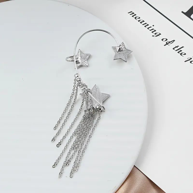 Long Chain Tassel Cuff Earrings Star Shape Ear Clip Zinc Alloy Non-Piercing  Ear Jewelry Accessories For Women & Girls