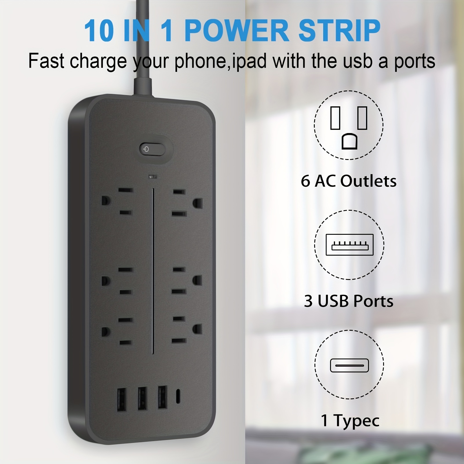 SUPERDANNY Power Strip Tower Wireless Surge Protector 10A Charger Station 9  Outlets 4 USB Ports Extension 10ft