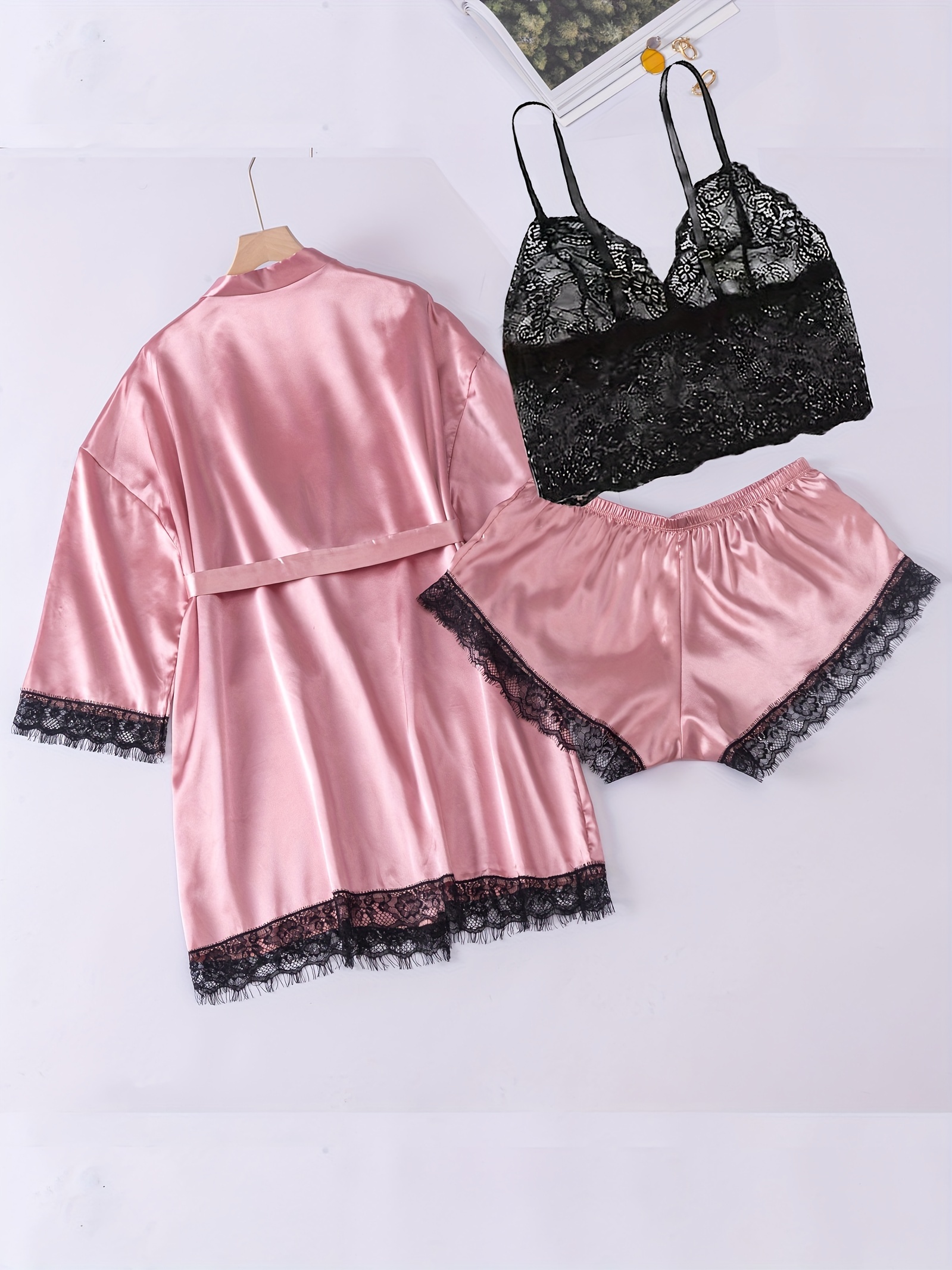 Plus Size Floral Jacquard Contrast Lace Bra Shorts Pajamas - Temu