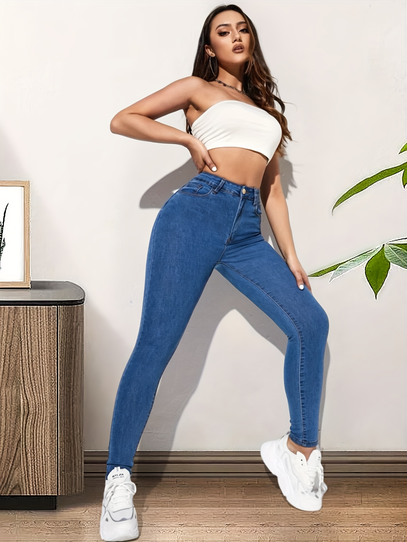 Dark Blue Versatile Skinny Jeans Slim Fit High stretch Slant - Temu