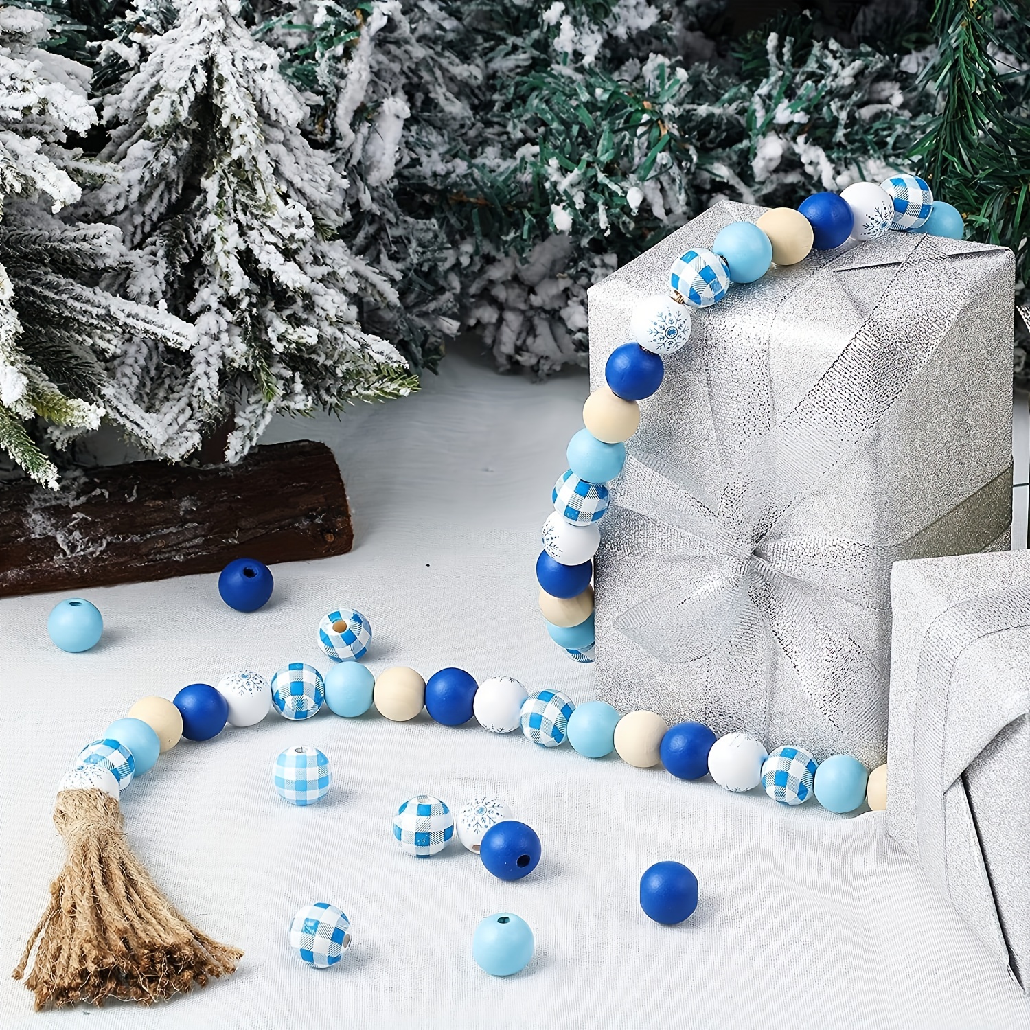 Whaline 212Pcs Winter Wood Beads Christmas Snowflake Craft Beads Silver  Blue White Round Spacer Beads with Hemp Rope and Tassel for DIY Craft Bead
