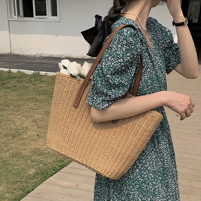 Multitrust Straw Woven Hand Bag for Women Summer, 11 Inch Casual Beige  Bohemia Beach Travel Tote Bag 