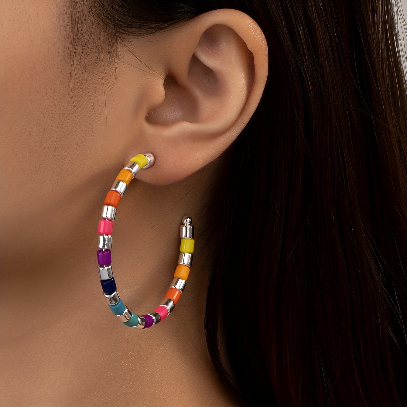 

C Shape Colorful Beads Decor Hoop Earrings Bohemian Elegant Style Iron Jewelry Trendy Female Gift Daily Casual