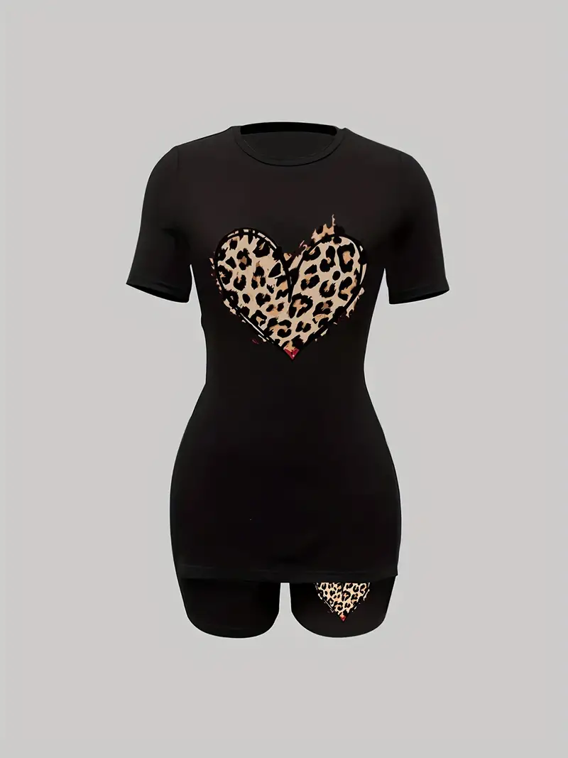 Two Piece Tee Biker Shorts Outfit Leopard Heart Print Side - Temu