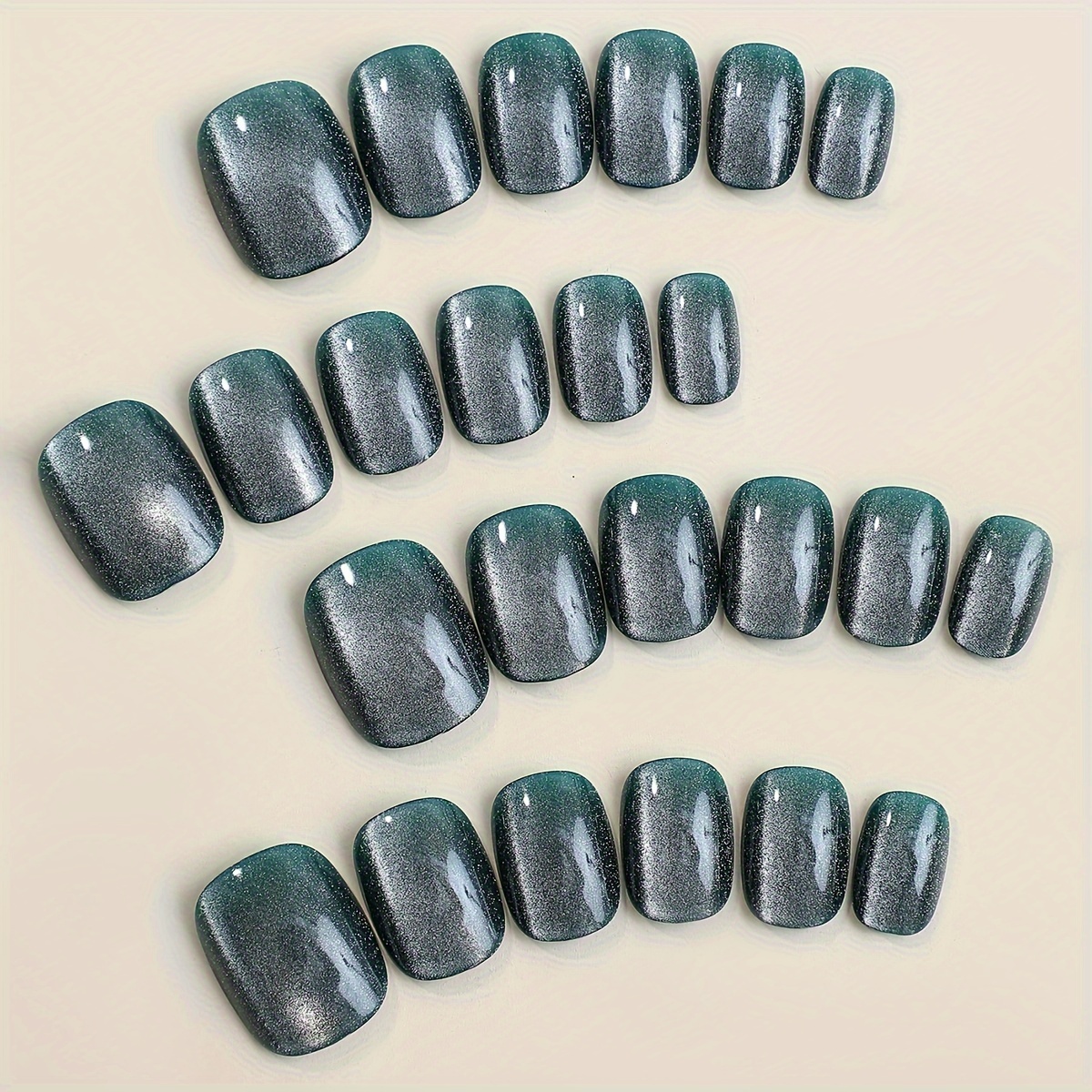 24pcs dark green cat eye press on nails sparkle fake nails with chameleon effect short oval shape false nails for women girls details 0