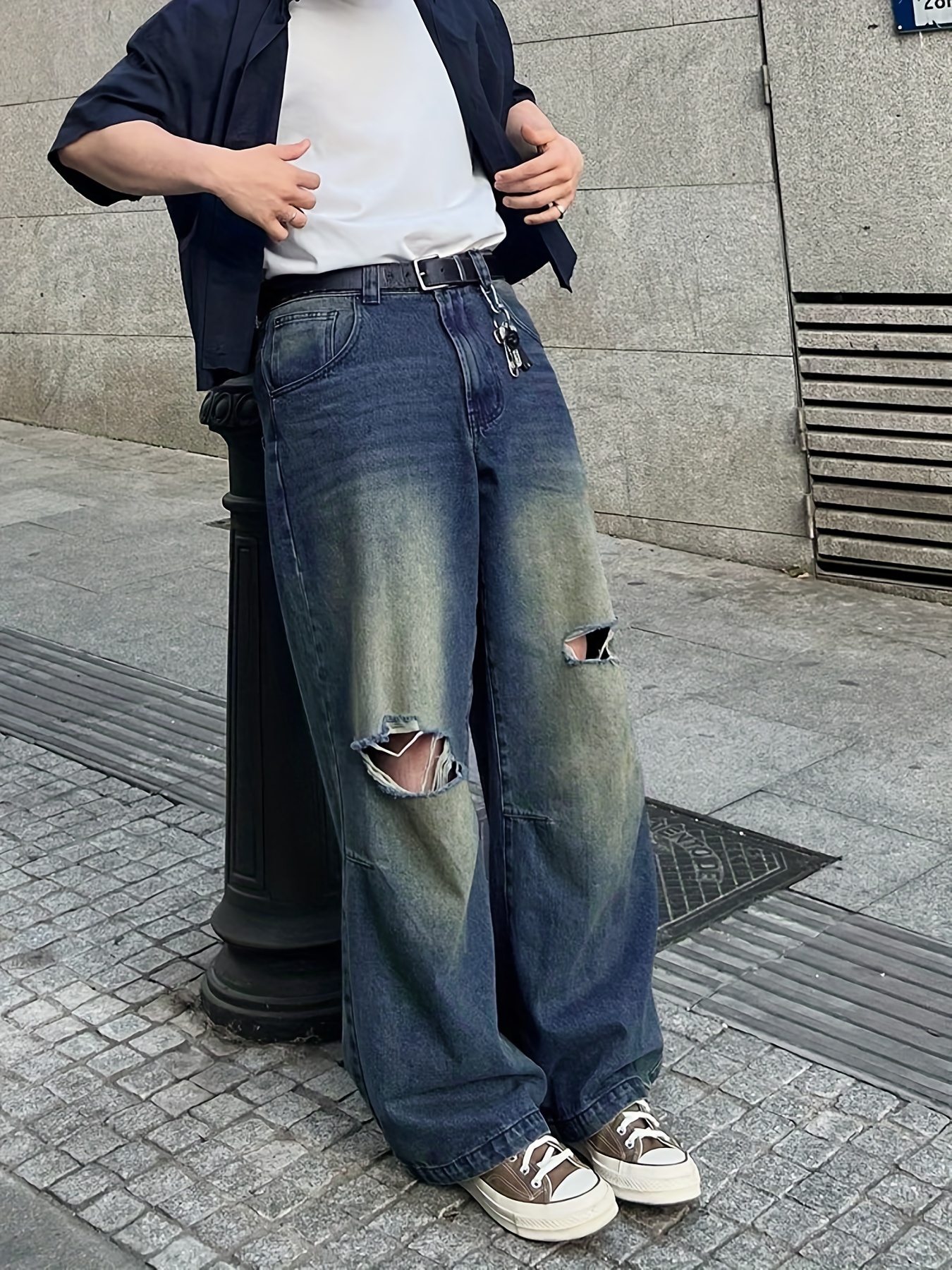 Loose Fit Ripped Baggy Jeans Pantalones Mezclilla Pierna - Temu Chile