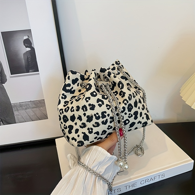 Cow Print Canvas Bucket Bag, Mini Chain Crossbody Bag, Fashion