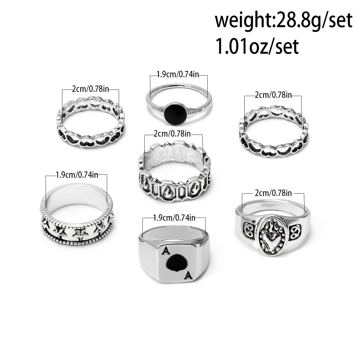 7 Piece Men Retro Hollow Love Element Charm Ring Set