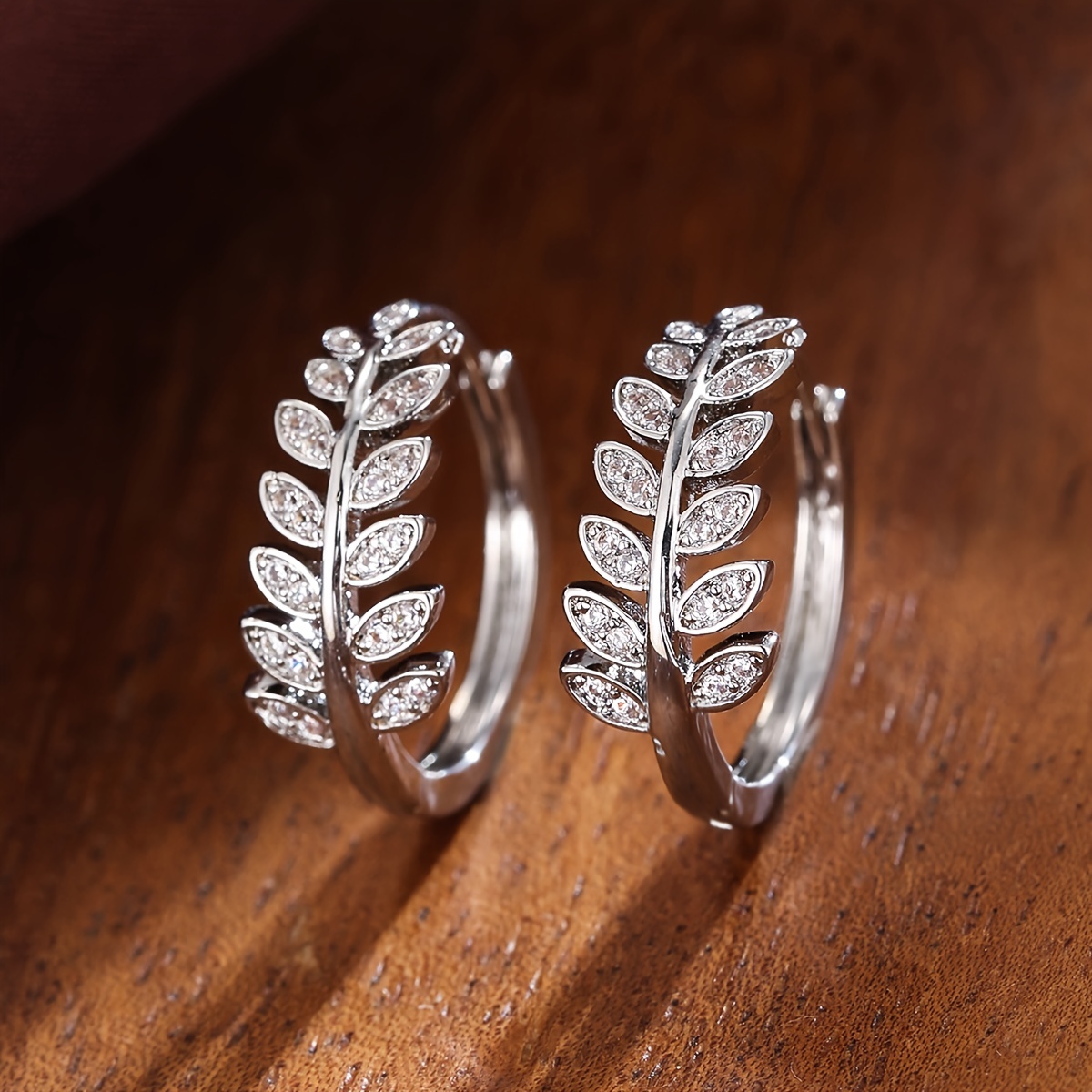 Leaf Shaped Hoop Huggie Earrings Inlaid Zircon