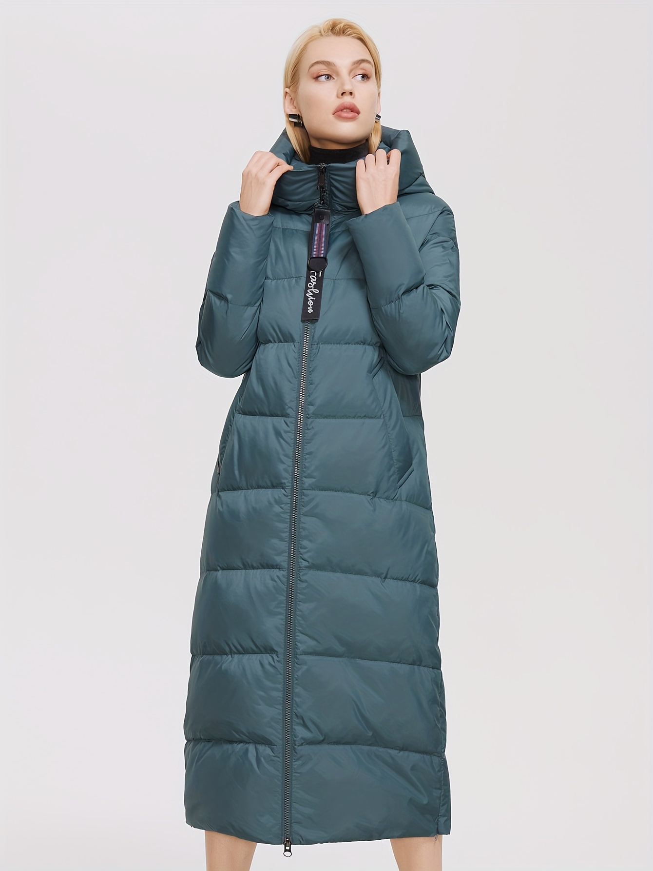 Solid Zip Parka Casual Long Sleeve Hooded Long Length Coat Temu