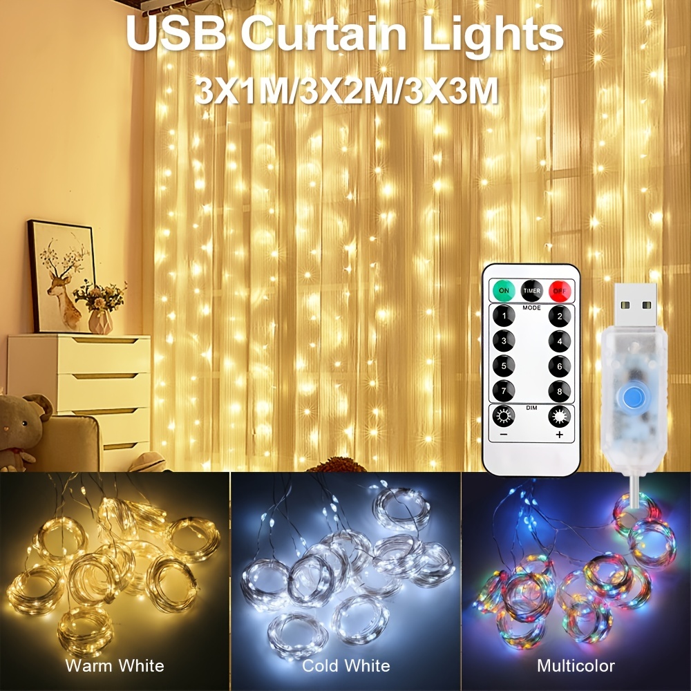 300 Led Curtain Lights Copper Wire Light Strings Usb Powered